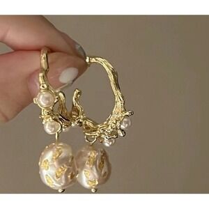 Gold Tone Irregular Hoop Earrings with Baroque imitation Pearl and Pearl Accents